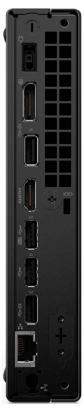 Vorderansicht eines schwarzen Netzwerkgeräts mit Anschlüssen für Stromversorgung, Display, mehrere USB-/HDMI- und Ethernet-Verbindungen auf der Rückseite.