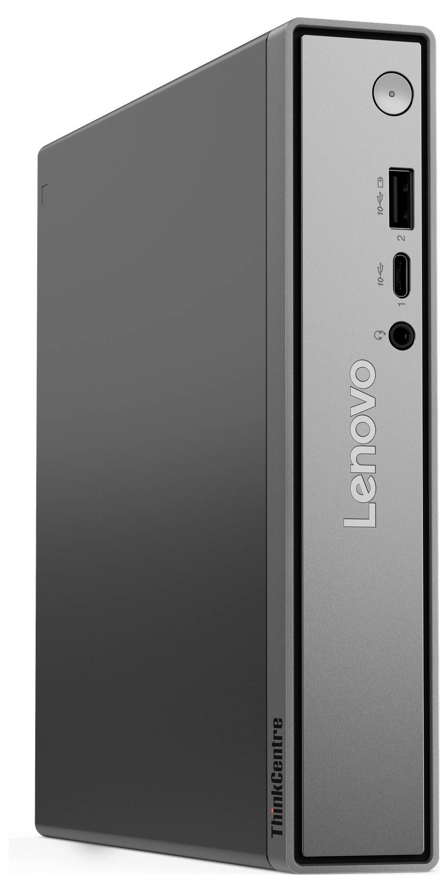 Lenovo ThinkCentre Desktop-Mini-Tower, Vorderansicht, zeigt Stromschalter, USB-Anschlüsse und Audiobuchse auf einem grauen Frontpanel.
