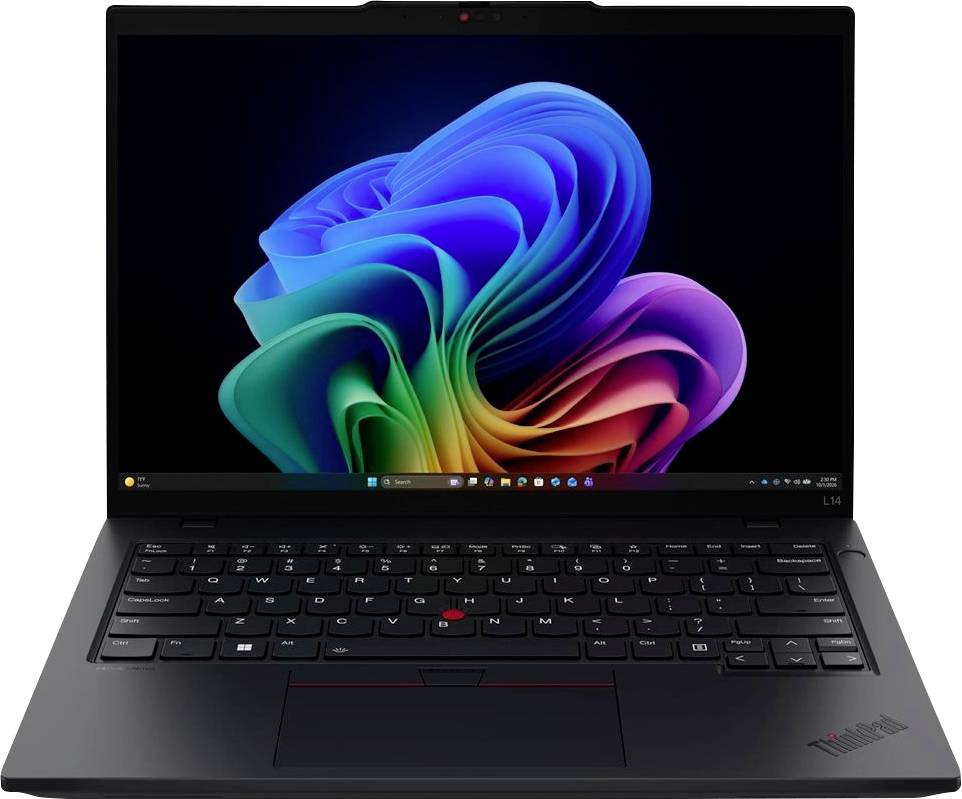 Vorderansicht eines offenen schwarzen Lenovo ThinkPad-Laptops mit Windows 11-Hintergrundbild auf dem Bildschirm und sichtbarer Tastatur.