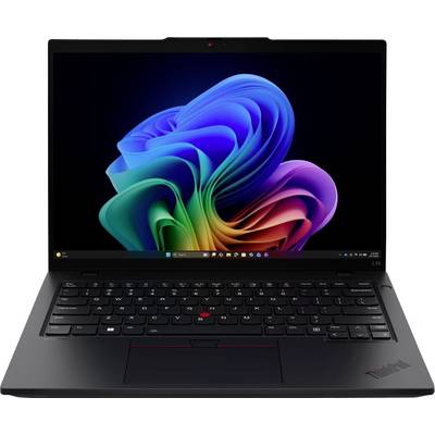 Vorderansicht eines offenen schwarzen Lenovo ThinkPad-Laptops mit Windows 11-Hintergrundbild auf dem Bildschirm und sichtbarer Tastatur.