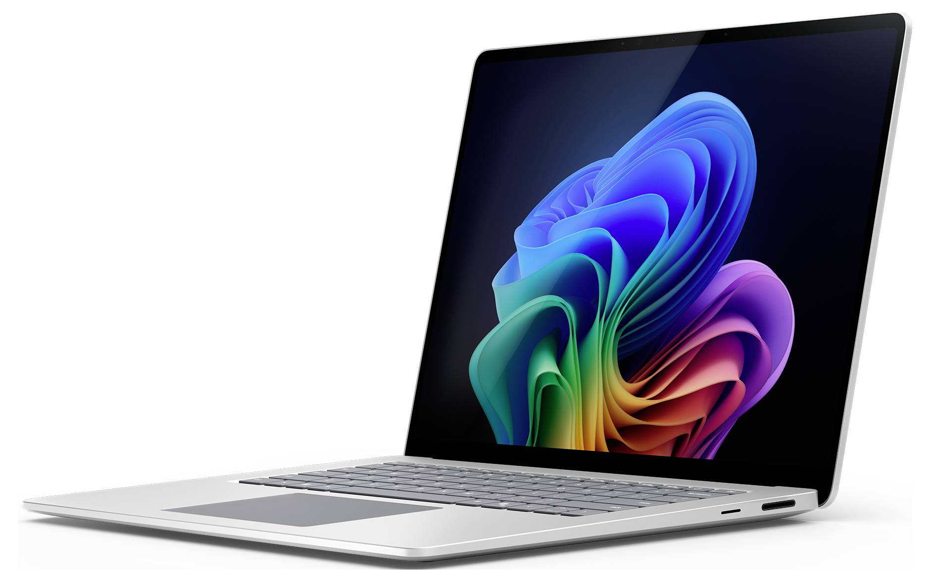Silberner Laptop in einem Winkel geöffnet, zeigt eine bunte abstrakte Wirbel-Tapete auf dem Bildschirm vor weißem Hintergrund.