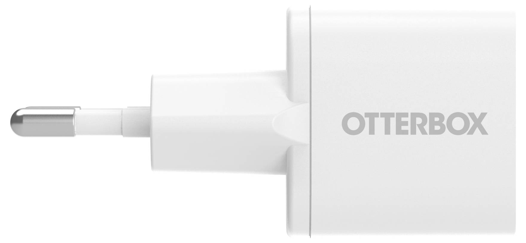 Weißes OtterBox-USB-Wandladegerät mit Stecker auf der linken Seite, auf einfachem Hintergrund dargestellt.