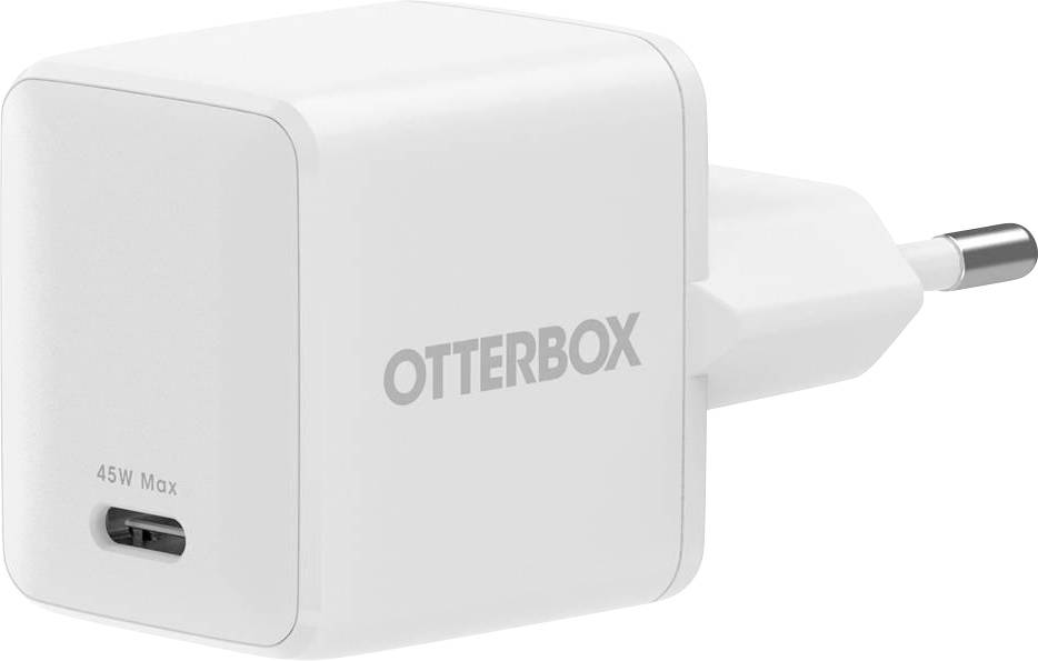 Weiße OtterBox 45W Max USB-C Wandladegerät mit einzelnem USB-C-Anschluss an der Vorderseite und angebrachtem EU-Stecker