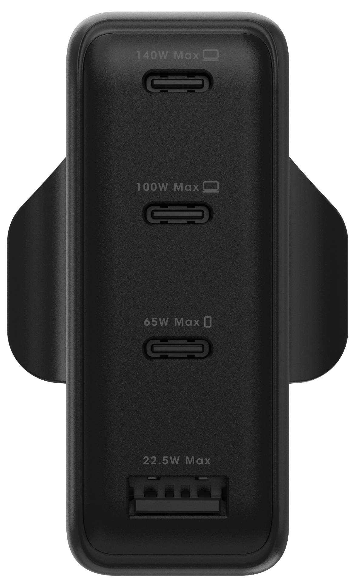 Schwarzes Multi-Port-USB-Ladegerät mit drei USB-C-Anschlüssen und einem USB-A-Anschluss, gekennzeichnet mit maximaler Wattzahl.