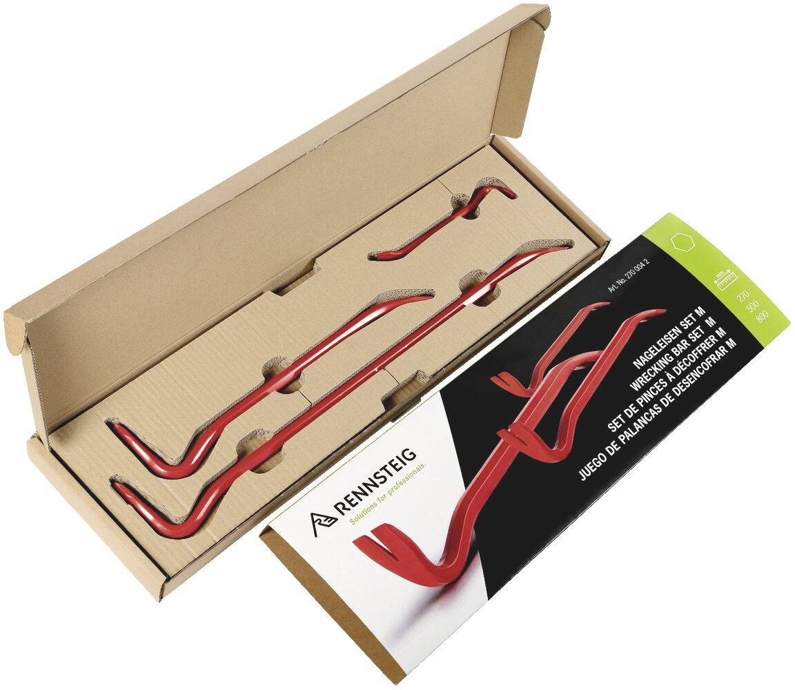 Verpackter roter Metall-Kamin- oder Ofen-Werkzeugsatz mit drei hakenförmigen Geräten und Verpackung mit der Aufschrift „RENNSTEIG" und „fireplace set".