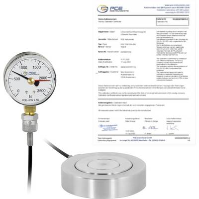 Druckmanometer angebracht an einem runden Wägesensor neben einem Kalibrierzertifikat, das ein PCE-Instrument-Setup zur Kraft- oder Druckmessung zeigt.