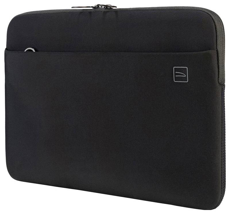 Schwarze Laptop-Schutzhülle mit Vordertasche und Reißverschluss, gezeigt auf weißem Hintergrund.