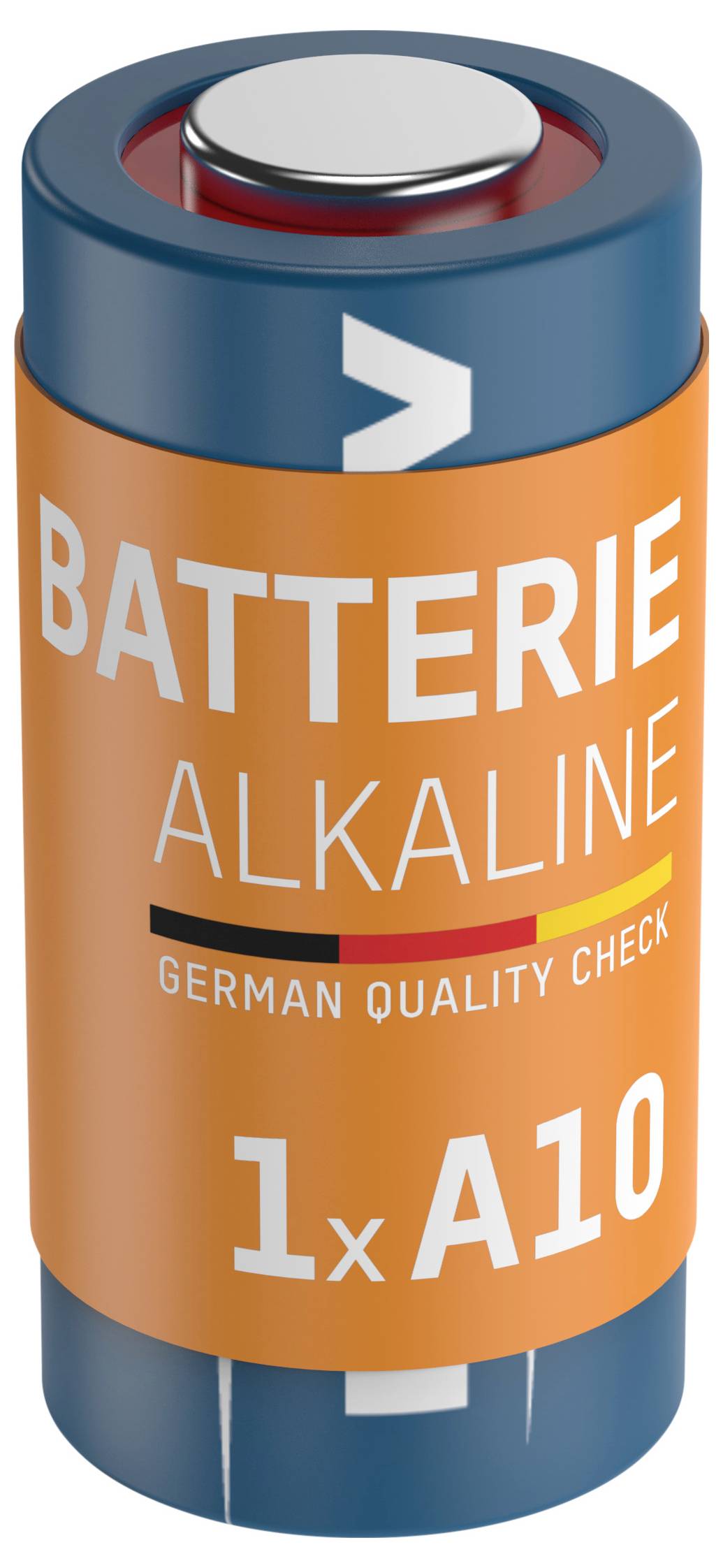 Alkalische Batterie mit Beschriftung "BATTERIE ALKALINE", "GERMAN QUALITY CHECK" und "1x A10" auf einem blau-orangefarbenen Zylinder.