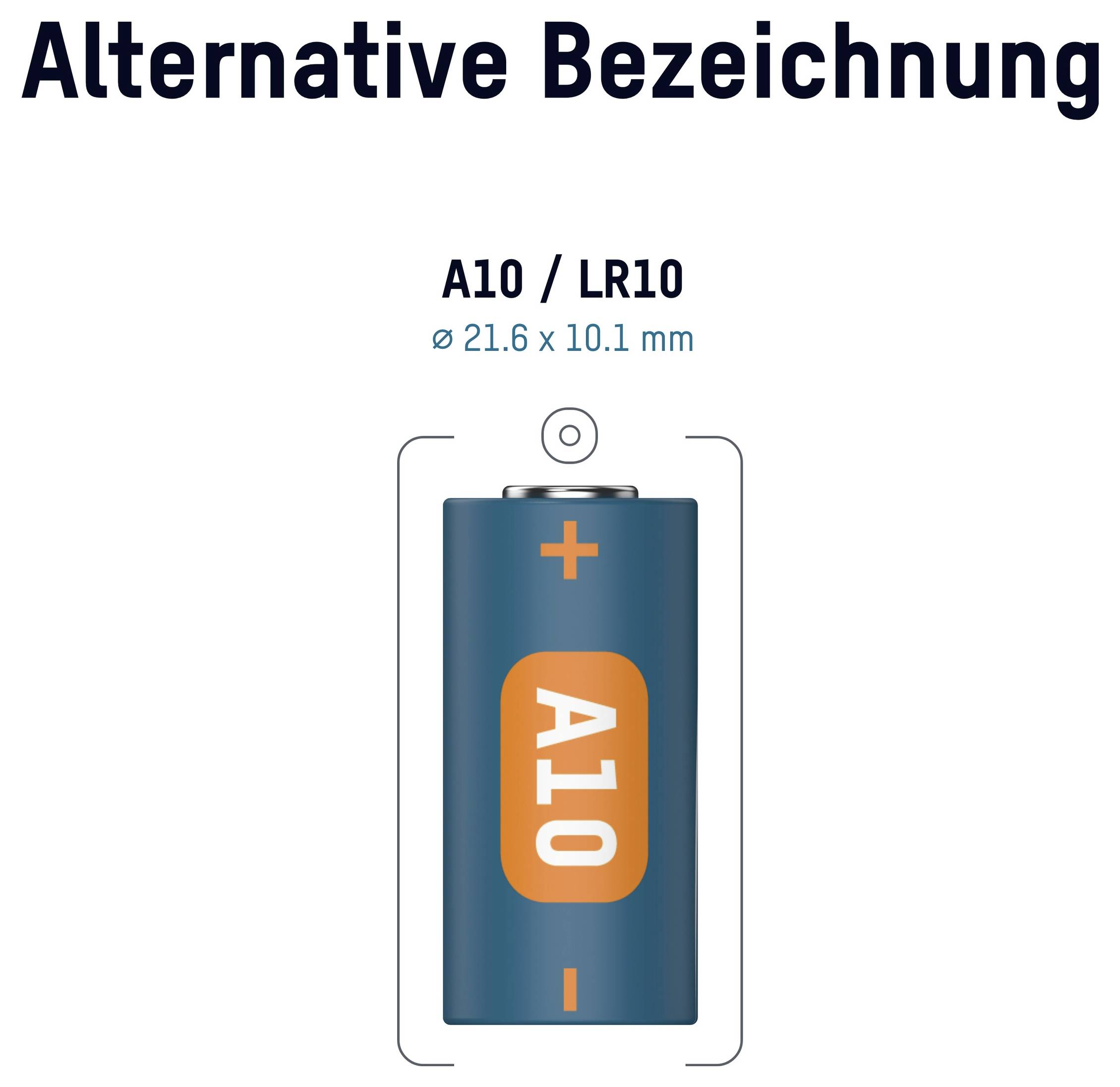 Diagramm einer A10/LR10-Batterie mit der Bezeichnung „A10 / LR10" und den Abmessungen ø21,6 x 10,1 mm sowie Plus-/Minus-Polaritätsmarkierungen.
