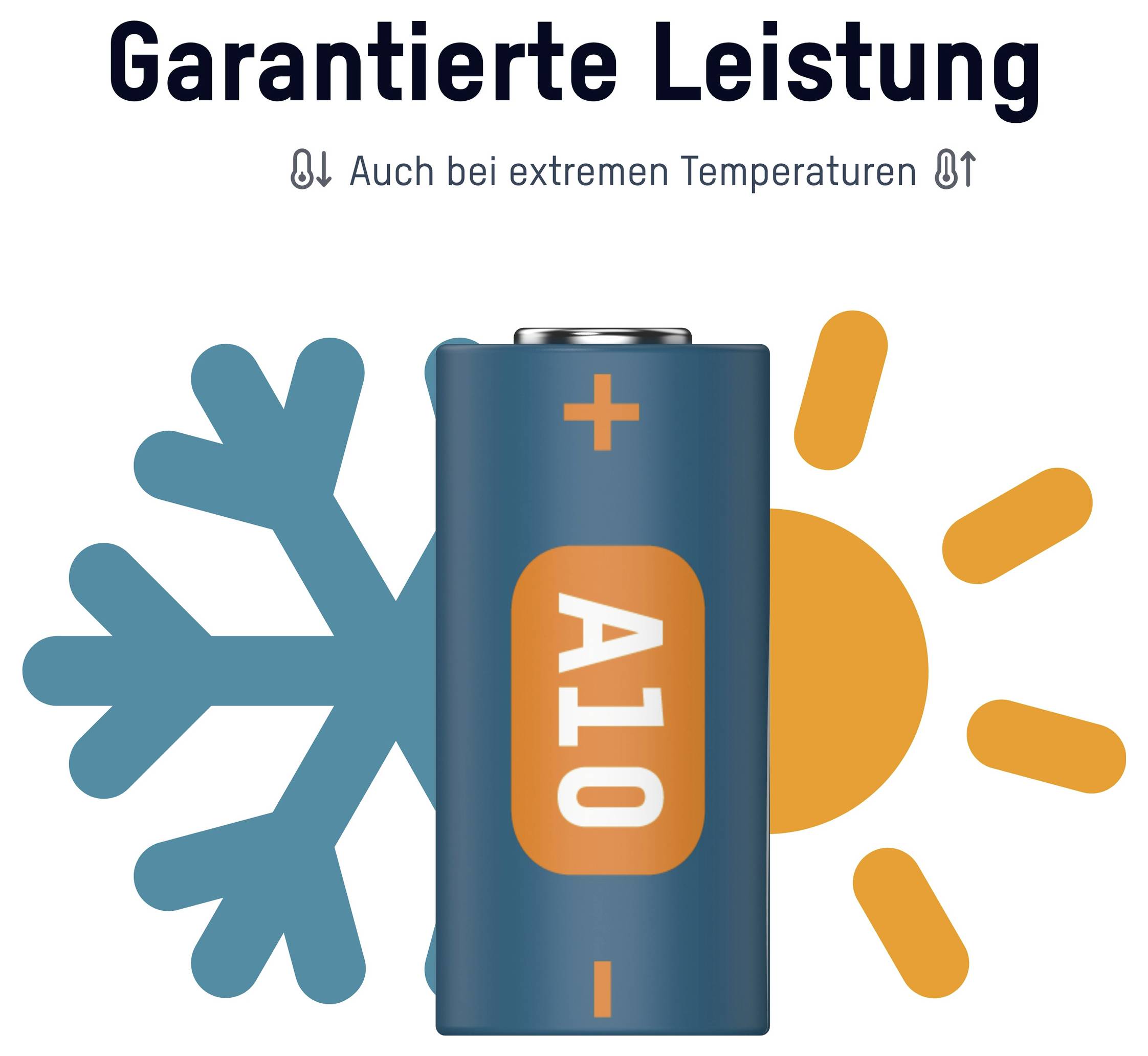 Batterie mit der Bezeichnung „A10" mit einer Schneeflocke und Sonne, was garantierte Leistung auch bei extremen Temperaturen anzeigt.