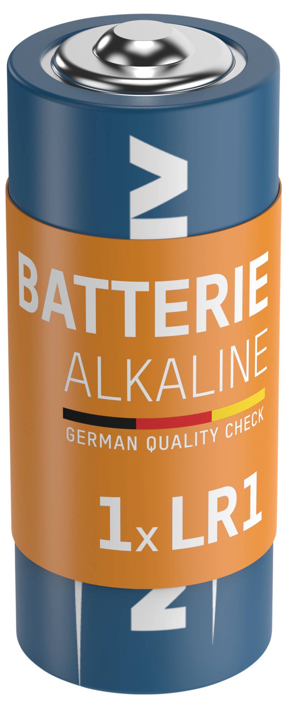 Blaue und orange Alkalibatterie mit der Aufschrift "BATTERIE ALKALINE", "German Quality Check" und "1x LR1".