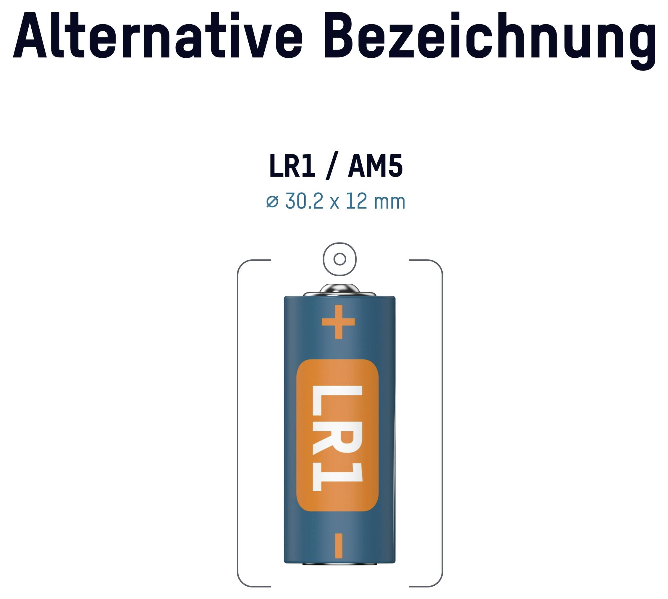 Diagramm einer Zylinderbatterie mit der Bezeichnung „LR1 / AM5", Größe „ø 30,2 x 12 mm" und alternativer Bezeichnungstext oben.