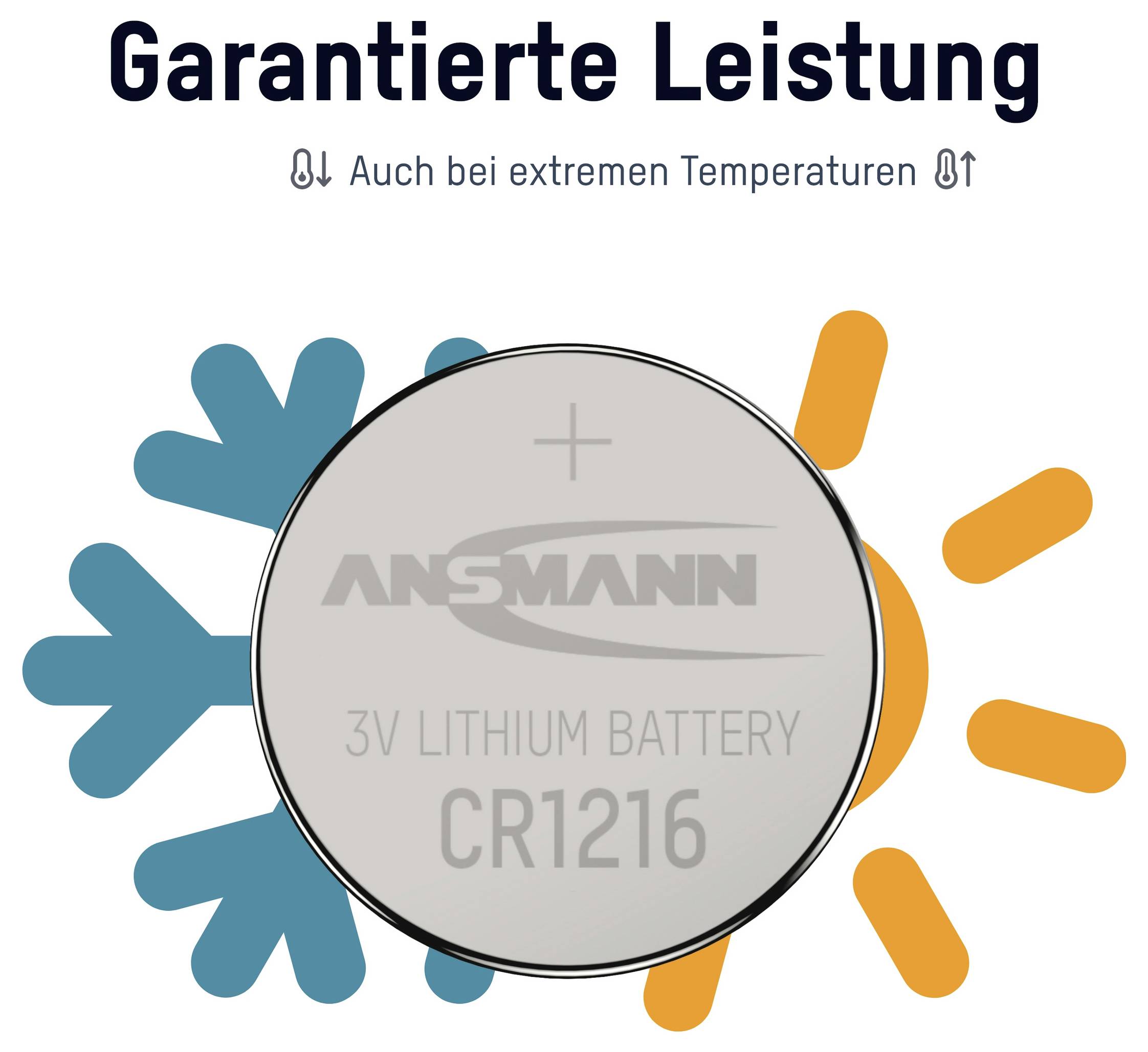 Ansmann CR1216 3V Lithium-Batterie<br><br>Garantierte Leistung bei extremen Temperaturen<br><br>[Blau-Kalt-Symbol] [Orange-Wärme-Symbol]