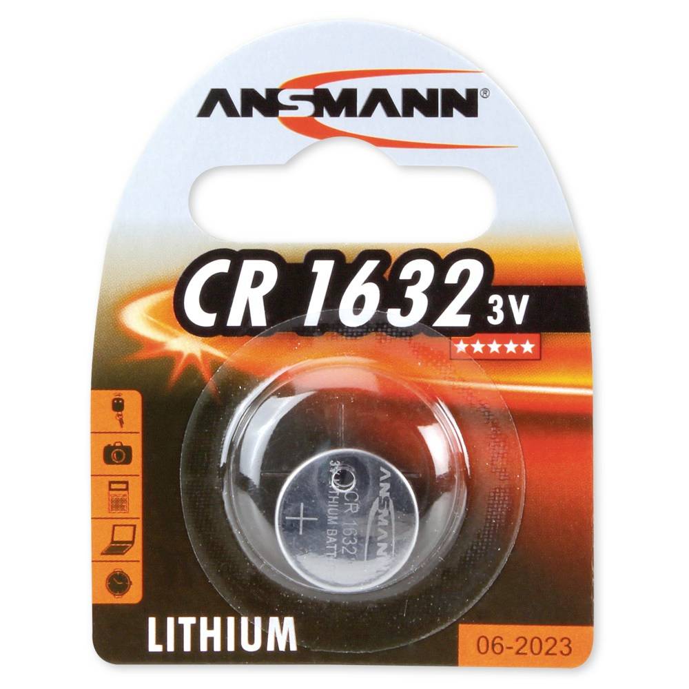 ANS MANN CR1632 3V Lithium-Knopfzellenbatterie in Einzelhandels-Blisterverpackung, beschriftet mit „LITHIUM" und „06-2023".