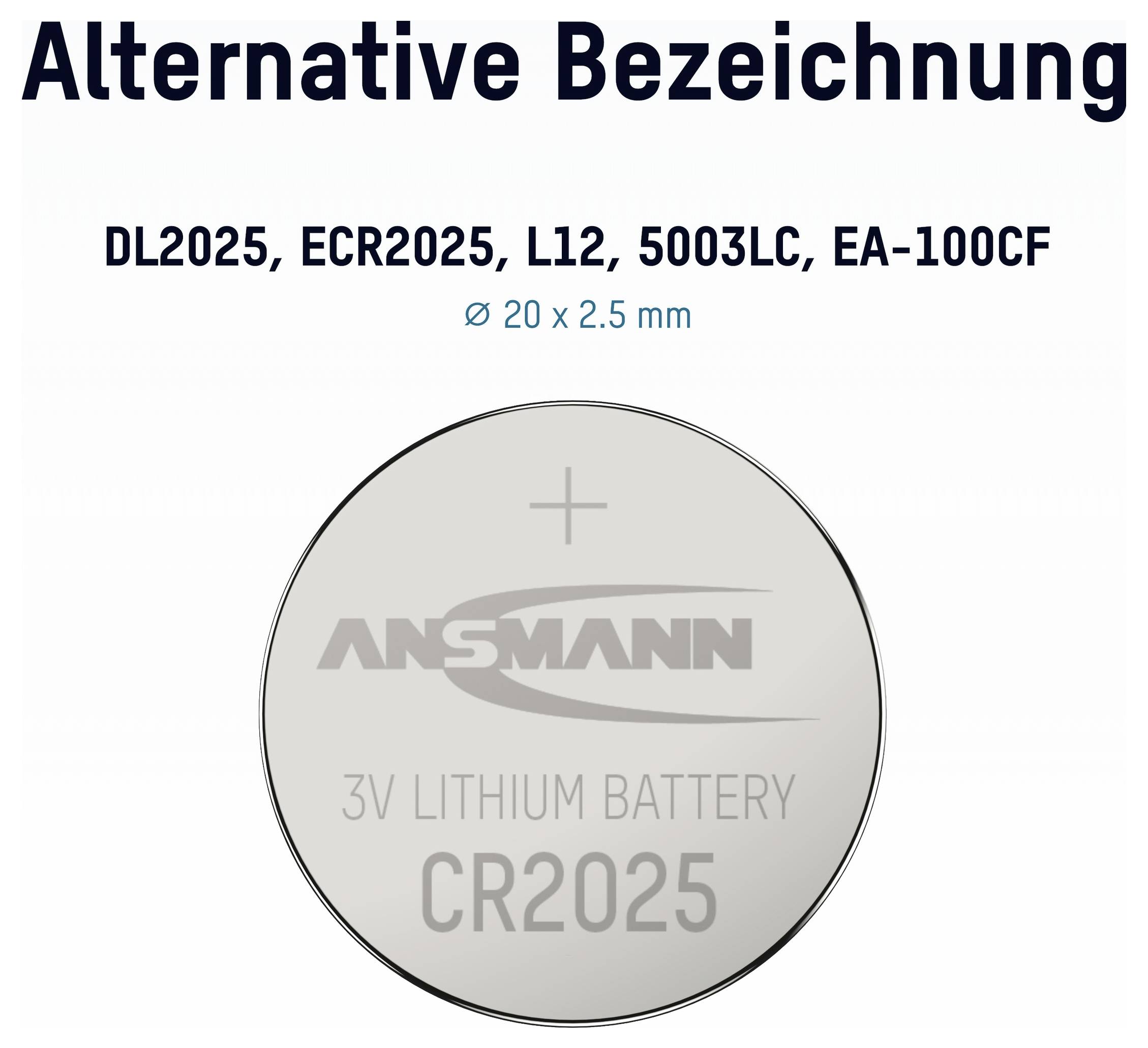 Bild einer CR2025 3V Lithium-Knopfzelle mit der Bezeichnung "Alternative Bezeichnung" und entsprechenden Modellnummern DL2025, ECR2025, L12, 5003LC, EA-100CF sowie der Größe Ø 20 x 2,5 mm.