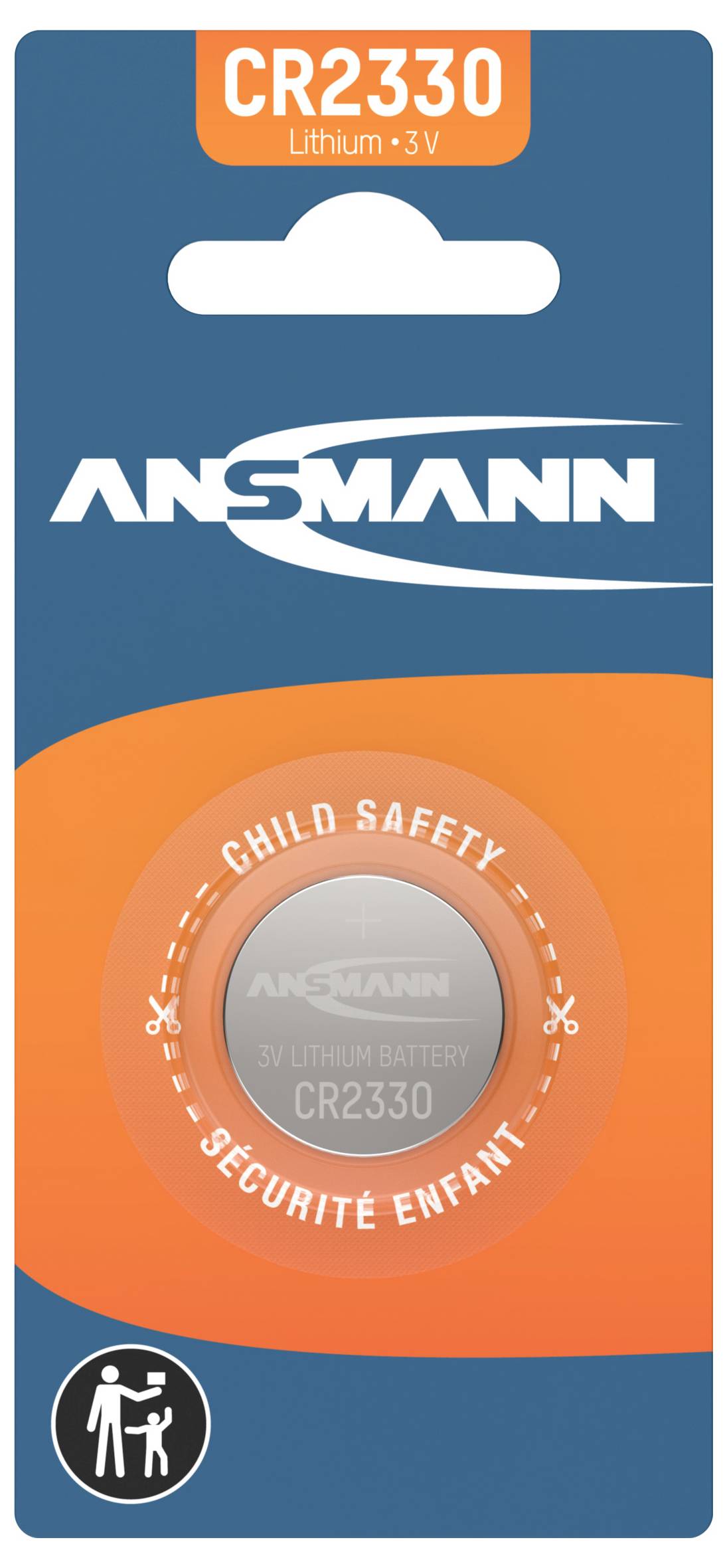 Ansmann CR2330 3V Lithium-Knopfzellenbatterie-Packung mit Kindersicherheits-Siegel-Symbol.