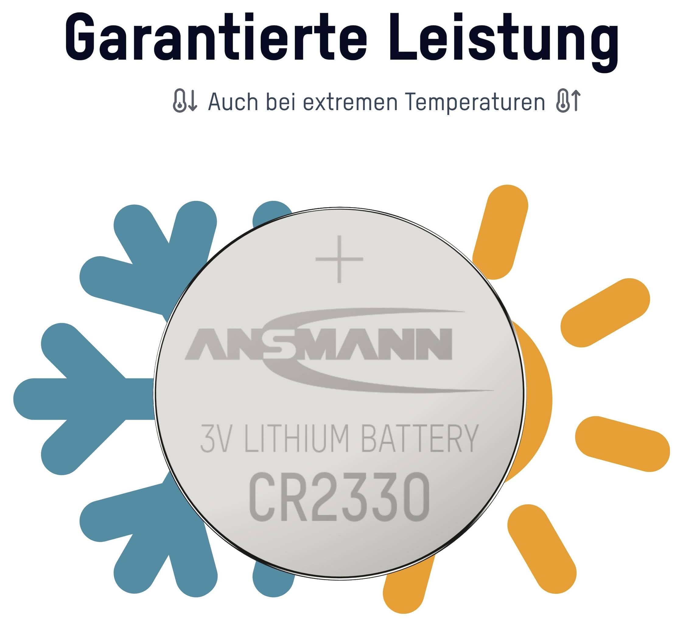 Ansmann CR2330 Lithium-Batterie mit "Garantierte Leistung" und "Auch bei extremen Temperaturen" Text, dargestellt zwischen kalten blauen und heißen orangefarbenen Symbolen.
