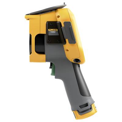 Orange-graue tragbare Wärmebildkamera mit hochklappbarem Display und Abzugsgriff, bezeichnet als Fluke Ti300U.