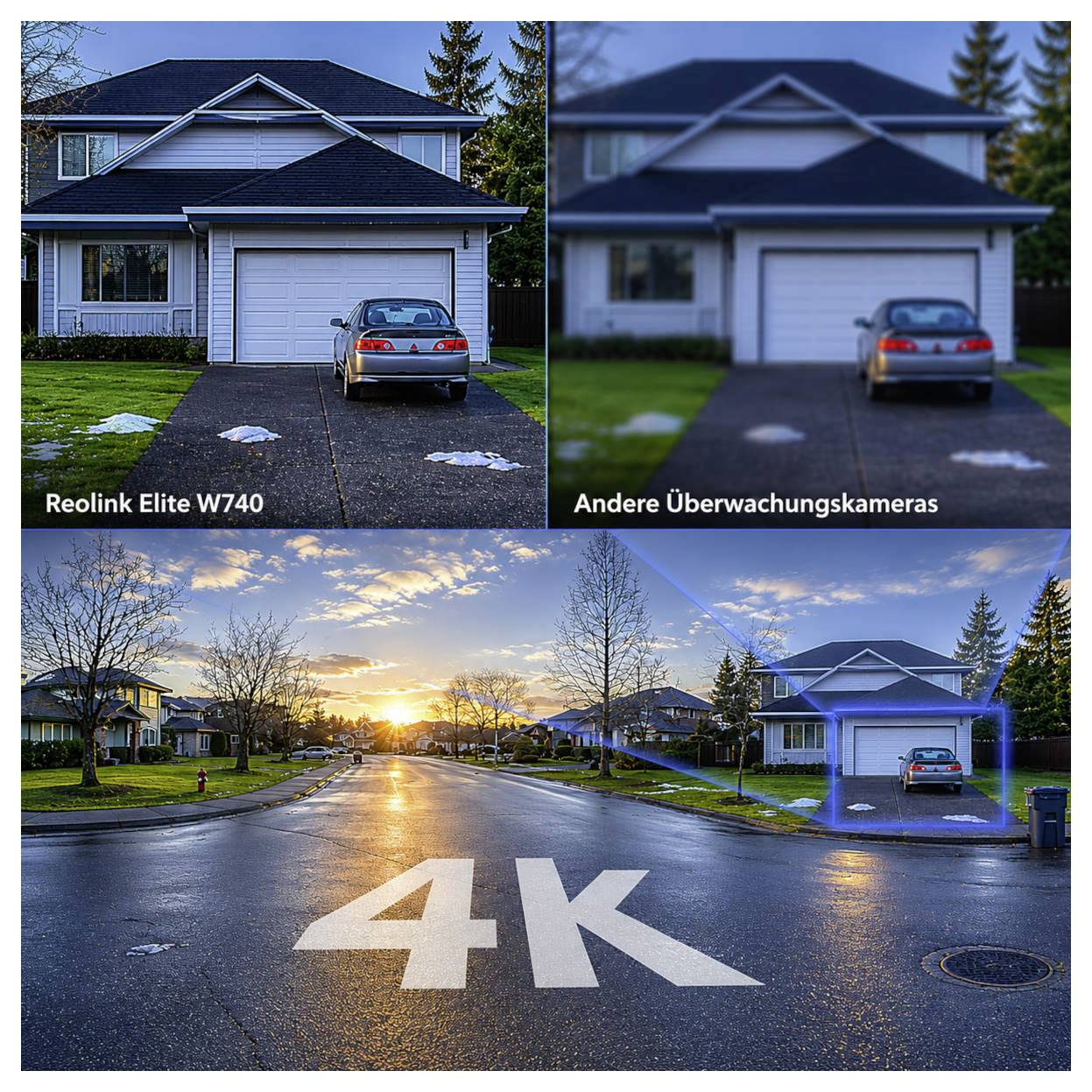 Werbegrafik mit Vergleich: Oben links scharfes Hausbild 'Reolink Elite W740', oben rechts unscharf bei 'Andere Überwachungskameras'; unten 4K-Straßenansicht mit markiertem Haus.<br>