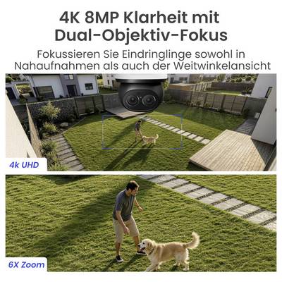 Werbeanzeige für eine Überwachungskamera: '4K 8MP Klarheit mit Dual-Objektiv-Fokus', die Eindringlinge per Nah- und Weitwinkel erkennt; zeigt Garten mit markiertem Personenbereich und 6x Zoom.
