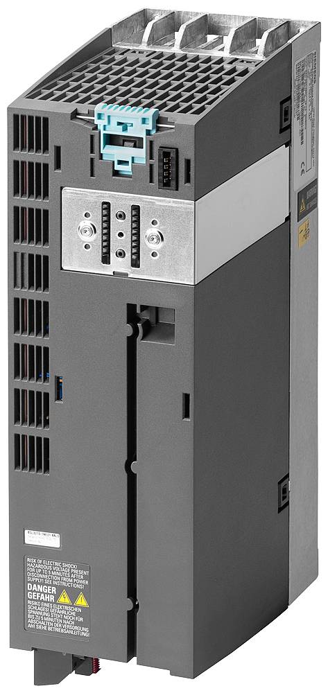 Industrielle elektrische Antriebseinheit mit Kühlöffnungen und frontseitiger Bedienfeld, dargestellt in einem grauem Schrank-Gehäuse.