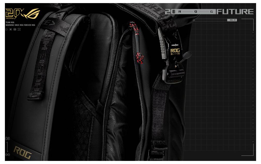 Nahaufnahme eines schwarzen ROG-Rucksacks mit gepolsterten Trägern und mehreren Reißverschlussfächern, gezeigt in einer futuristischen Produktanzeige.