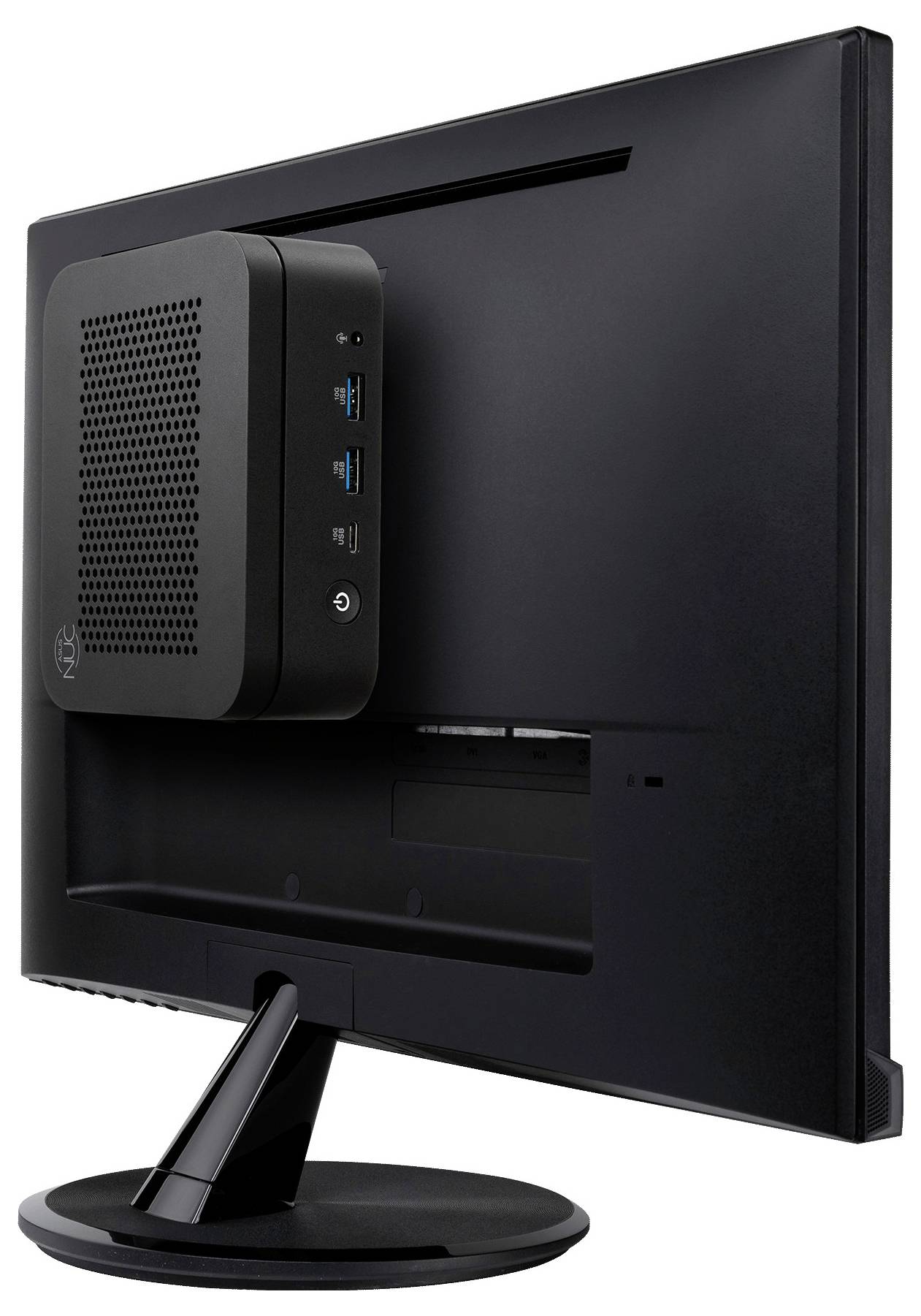Rückansicht eines Desktopmonitors mit einem angehängten Mini-PC auf der Rückseite, der USB-Anschlüsse und einen Stromschalter zeigt.