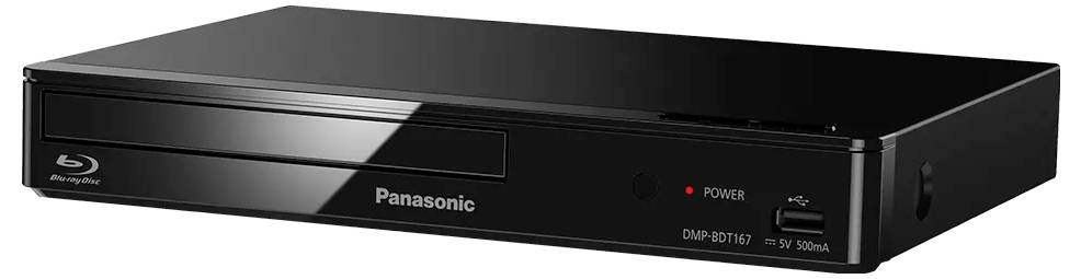 Schwarzer Panasonic Blu-ray-Player mit frontalem Disc-Slot, Betriebsleuchte und USB-Anschluss.