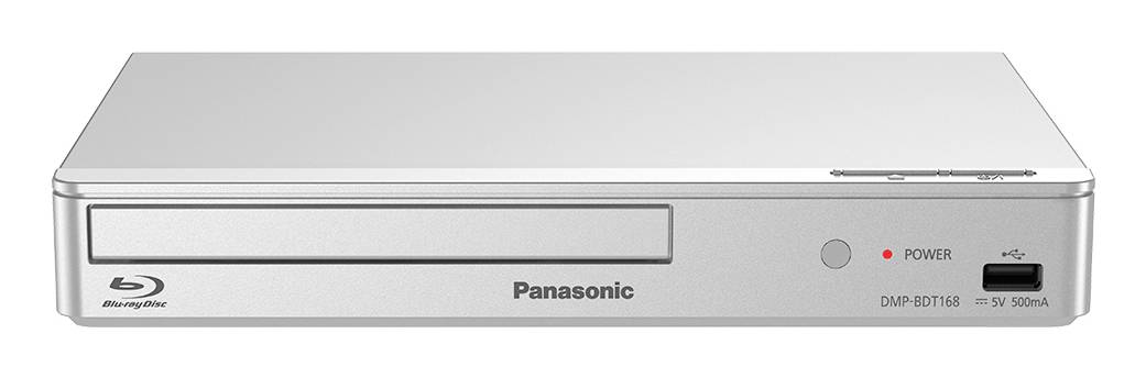 Vorderansicht eines silbernen Panasonic Blu-ray-Disc-Players mit Disc-Slot, Stromanzeige, USB-Anschluss und Frontbedienelementen.