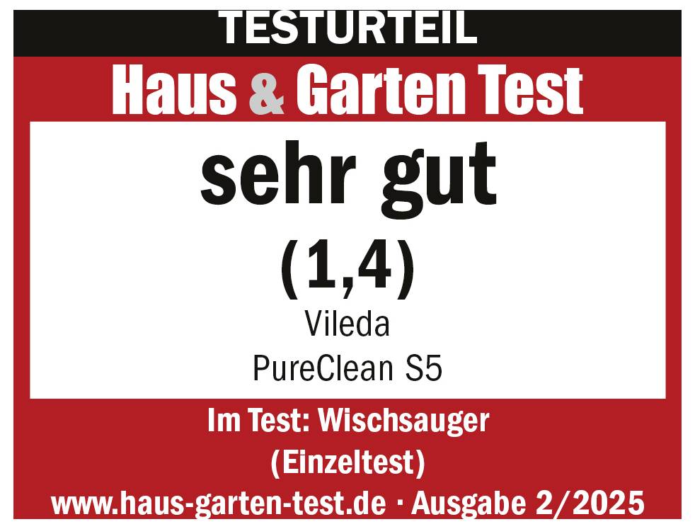 Testurteil von 'Haus & Garten Test': 'sehr gut' (1,4) für den Vileda PureClean S5 im Test 'Wischsauger (Einzeltest)', Ausgabe 2/2025.<br>