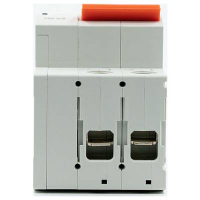 Grauer Elektroschutzschalter mit einem orangefarbenen Kippschalter oben und zwei Schalteröffnungen an der Vorderseite.