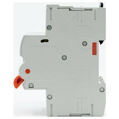 Grauer Elektroschalter mit orangefarbenem Schalthebel, in Seitenansicht auf weißem Hintergrund dargestellt.