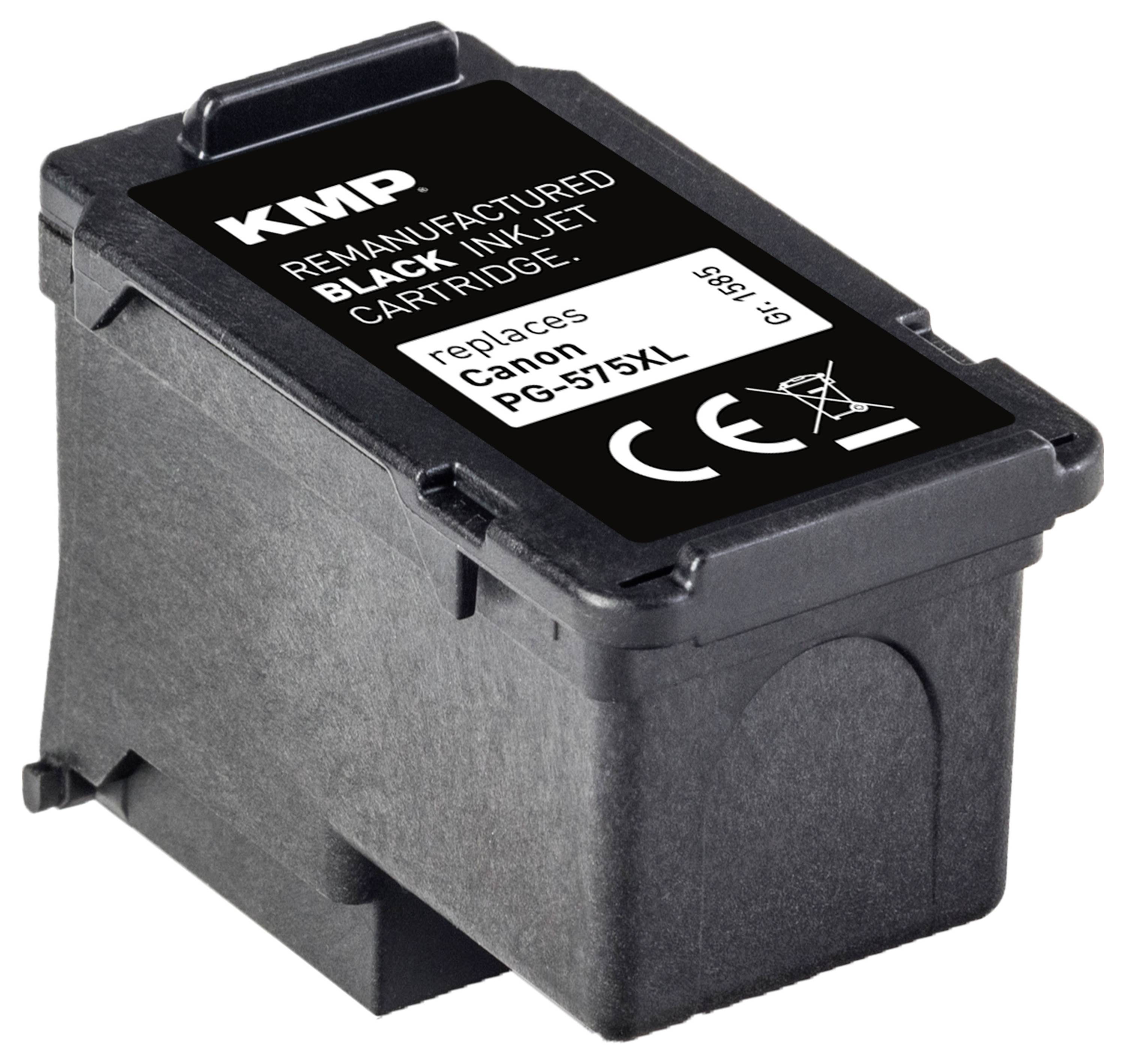 Schwarze KMP nachgefertigte Tintenstrahlpatrone mit der Kennzeichnung „ersetzt Canon PG-575XL" auf weißem Hintergrund.
