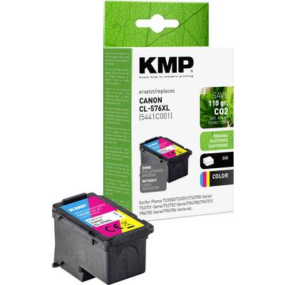 KMP Nachfüllpatronen für Canon CL-576XL Farbdrucker, zeigt die Patrone und Einzelhandelsverpackung mit Modellkompatibilität und Farbtonettenetikett.