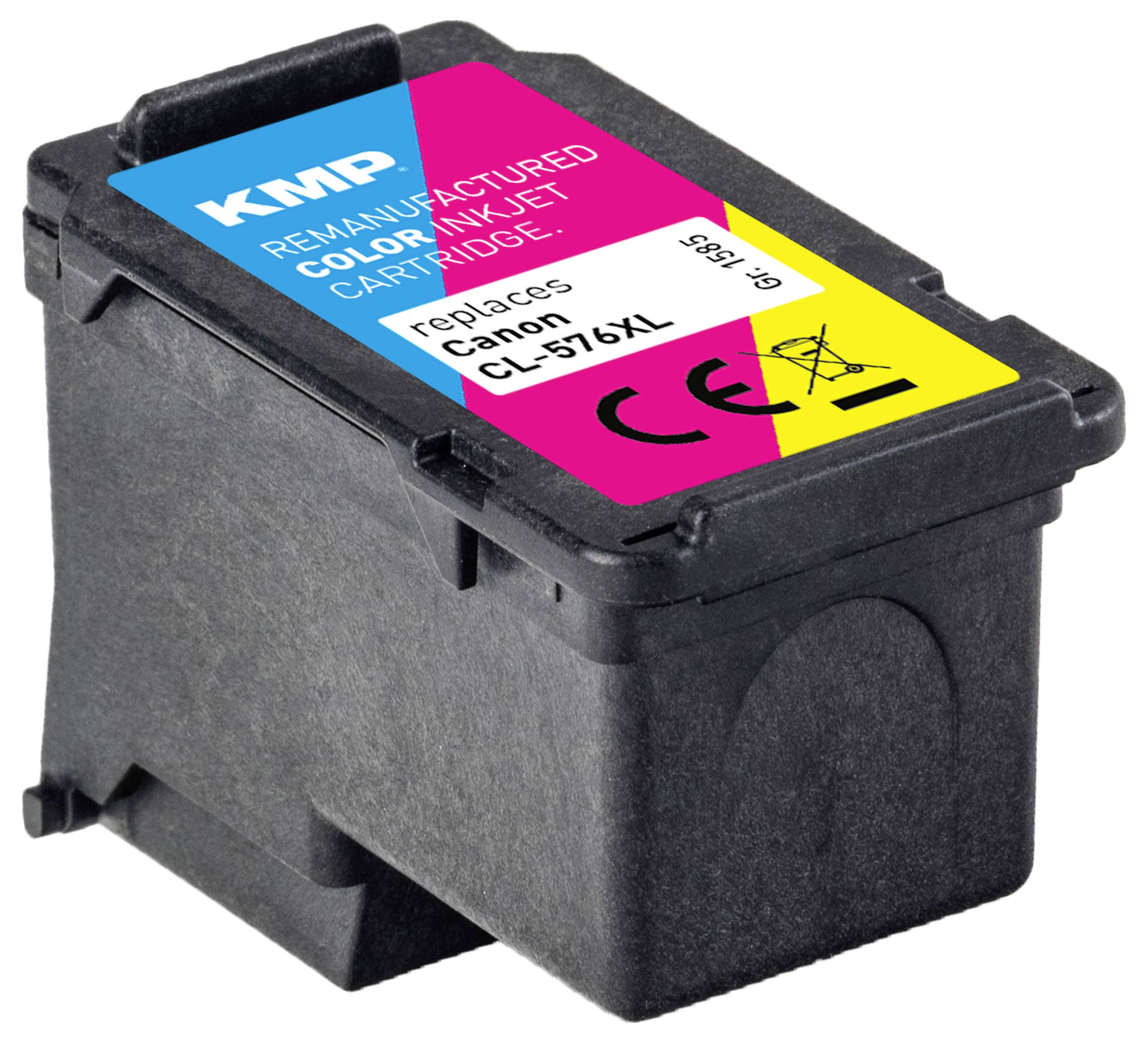 Schwarze aufbereitete Farbtintenpatrone mit der Bezeichnung "Canon CL-51XL austauschen" mit Cyan-, Magenta- und Gelb-Oberetikett.