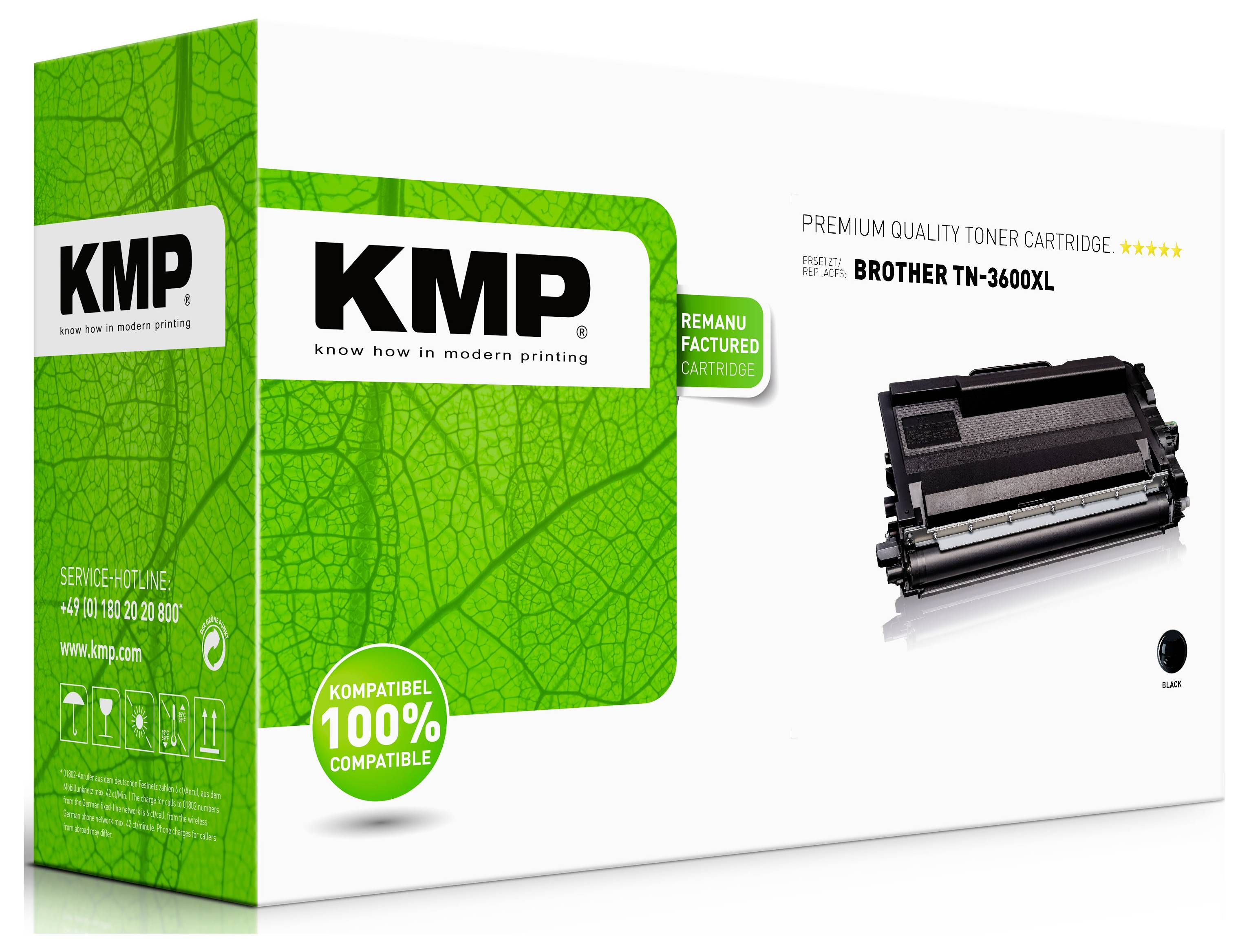 KMP Premium-Tonerkartusche für Brother TN-3600XL, gekennzeichnet mit "100% kompatibel" und mit Abbildung der Kartusche auf der Verpackung.