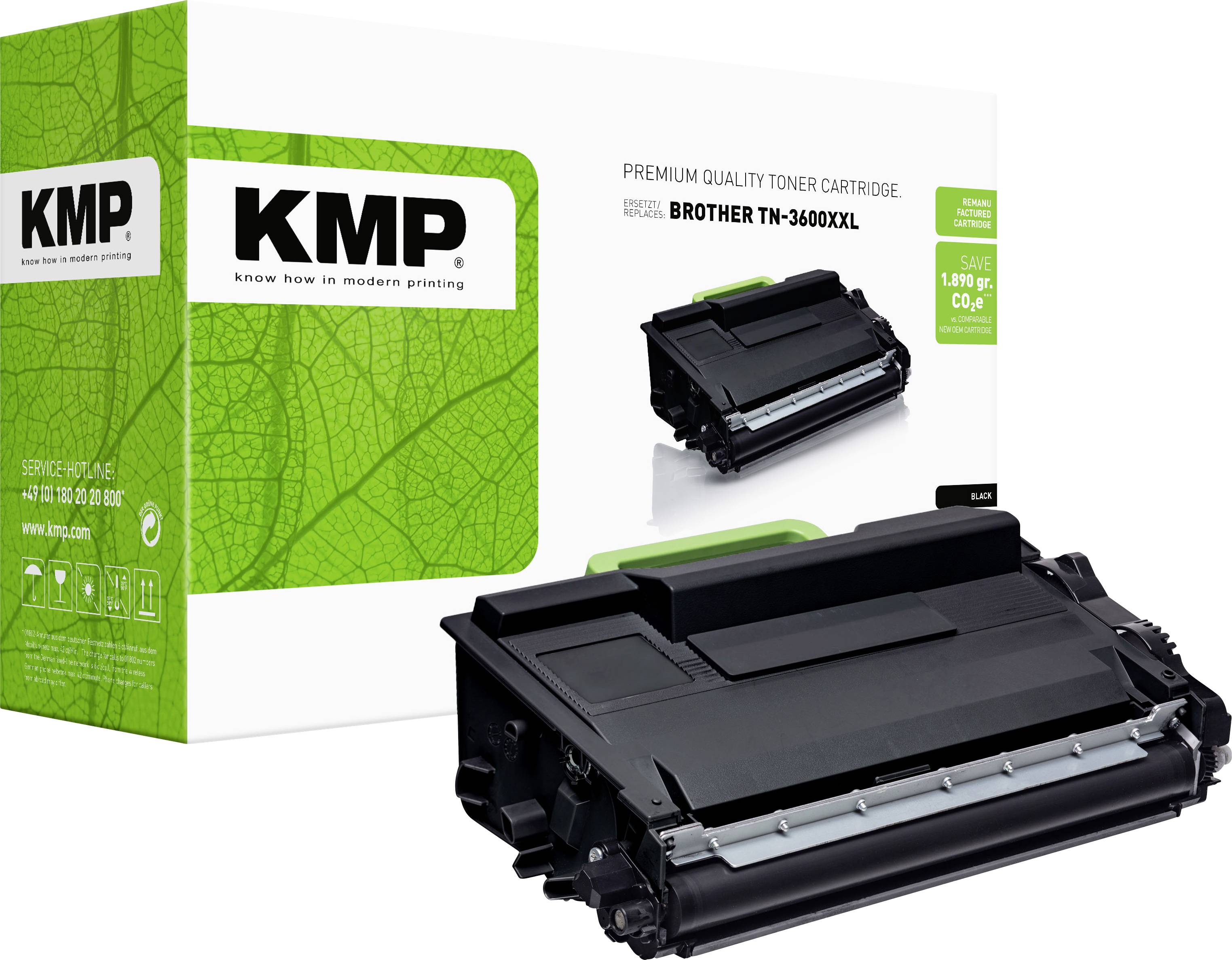 KMP Premium-Qualität Tonerpatrone für Brother TN-3600XXL, gezeigt mit Produktbox und Patrone auf weißem Hintergrund.