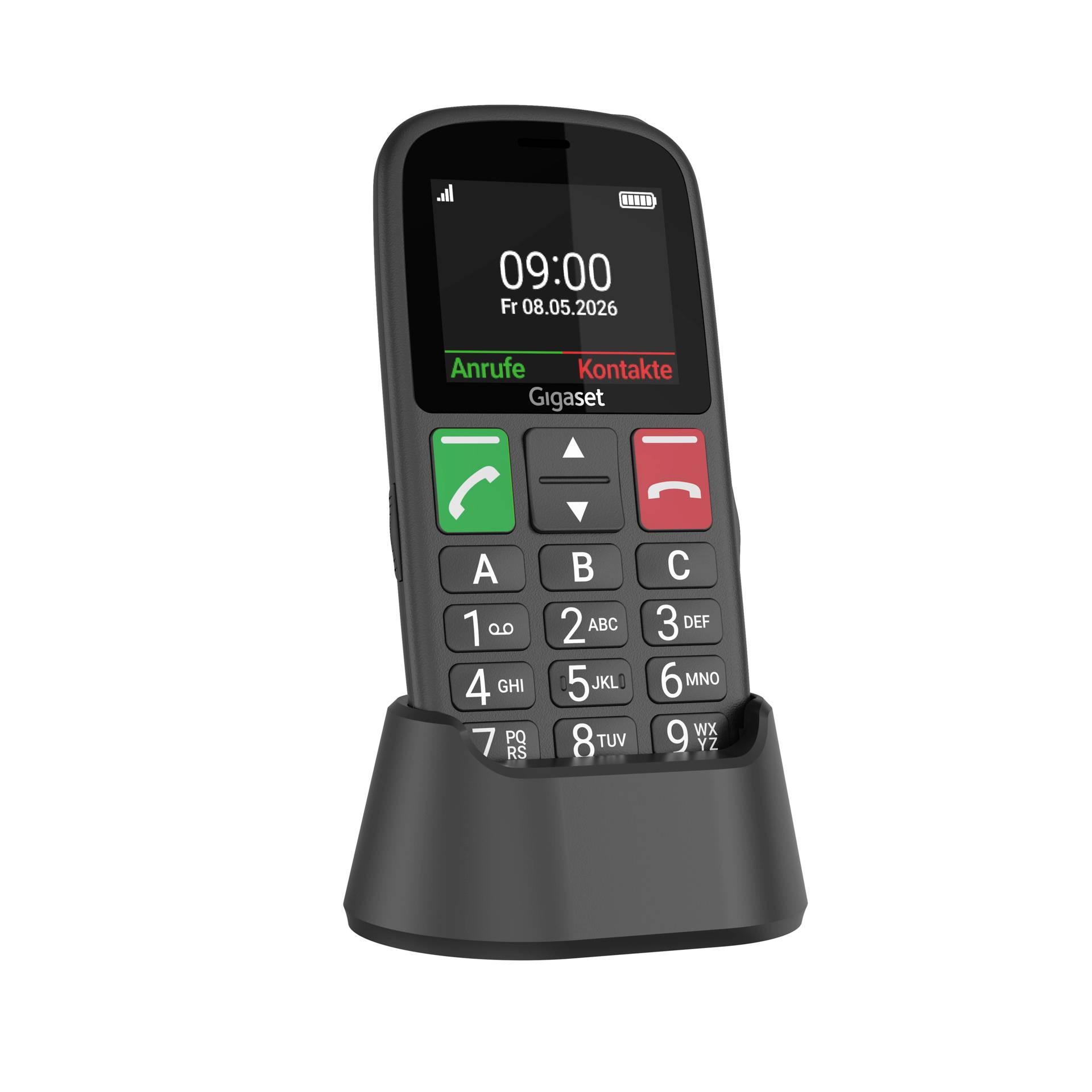 Schwarzes schnurloses Mobiltelefon in einer Ladeschale, zeigt 09:00 und Menübezeichnungen „Anrufe" und „Kontakte" auf dem Bildschirm.