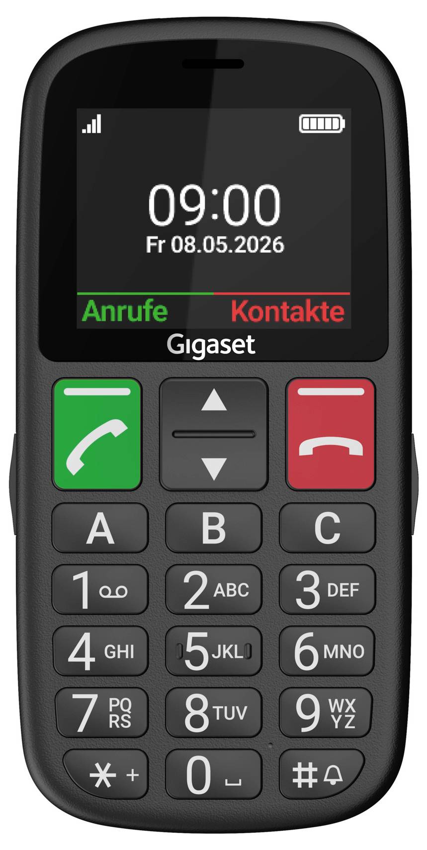 Frontansicht eines Gigaset-Mobiltelefons, das 09:00 und das Datum 08.05.2026 anzeigt, mit grünen Anrufe- und roten Kontakte-Softkeys und einer physischen Tastatur.