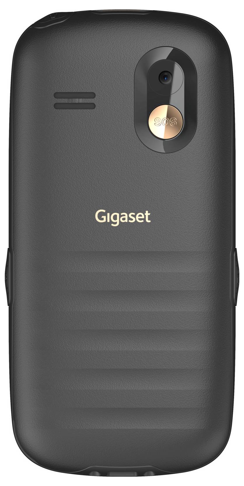 Rückansicht eines schwarzen Gigaset-Mobiltelefons mit zentriertem Logo, Rückkamera, Lautsprechergitter und strukturiertem Griffbereich.