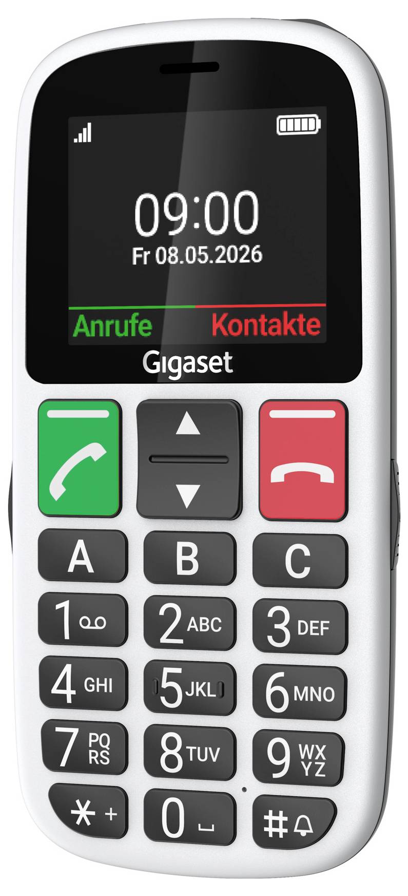 Gigaset Mobiltelefon Startbildschirm zeigt 09:00 am Freitag, 5.08.2026 mit Anruf- und Kontaktoptionen über einer physischen Tastatur.