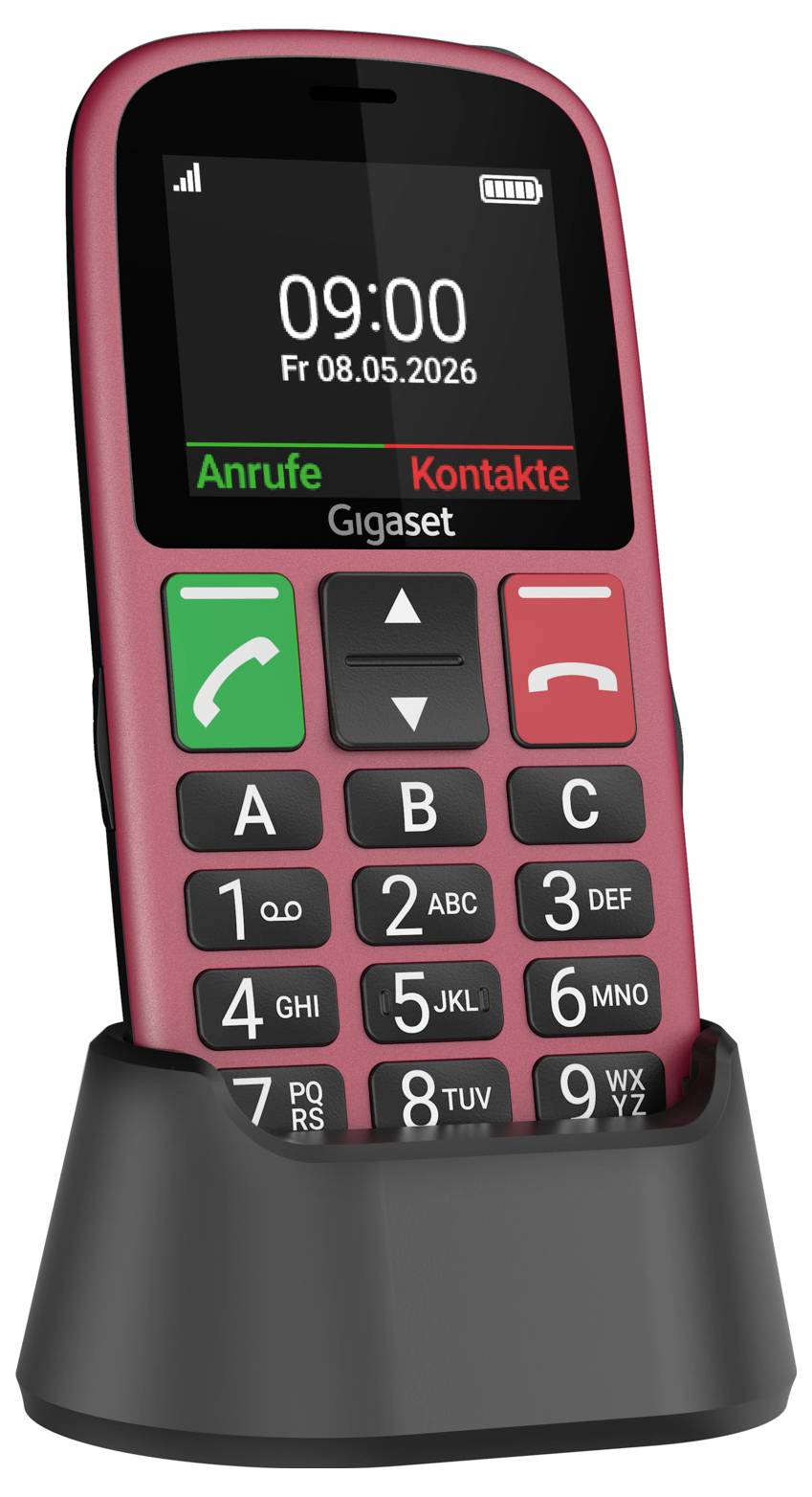 Rotes schnurloses Telefon in einer Ladestation, zeigt 09:00 auf dem Bildschirm mit deutschen Menübeschriftungen für Anrufe und Kontakte.