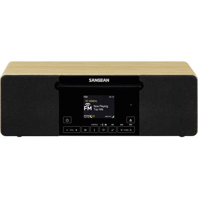 Frontansicht eines schwarzen Sangean-Tischradios mit Holzoberseite, das einen FM-Bildschirm zeigt, auf dem "Now Playing: Top Hits" angezeigt wird, und Steuerungstasten darunter.