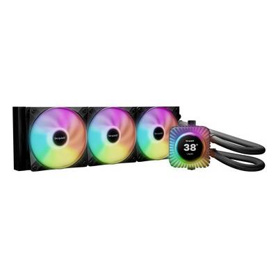 sei ruhig! Flüssigkeit-CPU-Kühler mit drei RGB-Lüftern und einer kreisförmigen Pumpenanzeigezeigt 38° auf den Kühlerschläuchen Schleife nach rechts