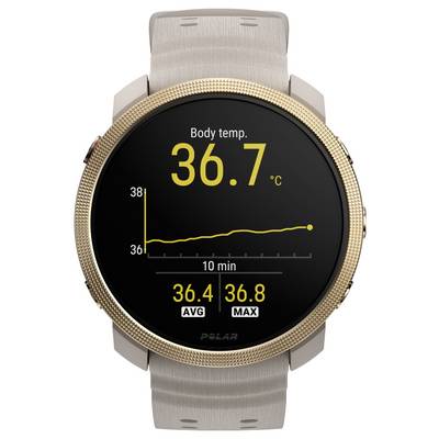 Polar-Smartwatch-Display zeigt Körpertemperatur 36,7°C mit einem 10-Minuten-Liniendiagramm, Durchschnitt 36,4 und Maximum 36,8.