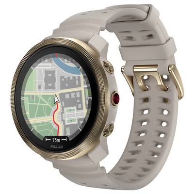 Smartwatch mit GPS-Kartennavigation auf dem runden Display, das eine Routenlinie, einen Standortpfeil und eine 75-m-Skala anzeigt.