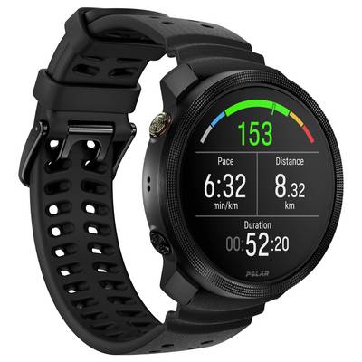 Schwarze Polar GPS Sporthr zeigt Trainingsmetriken an: Herzfrequenz 153, Tempo 6:32 min/km, Distanz 8,32 km, Dauer 00:52:20.