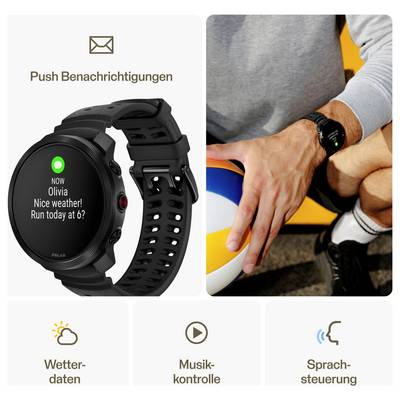 Werbung für eine Smartwatch mit Push-Benachrichtigungen, Wetterdaten, Musikkontrolle und Sprachsteuerung; rechts trägt eine Person die Uhr beim Sport.