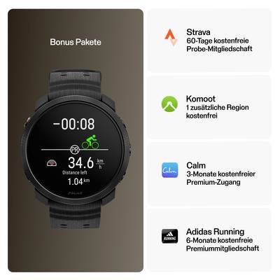Werbegrafik mit Sportuhr und dem Titel 'Bonus Pakete'; rechts vier Vorteile: Strava 60-Tage Probe-Mitgliedschaft, Komoot 1 Region, Calm 3 Monate Premium, Adidas Running 6 Monate Premium.<br>