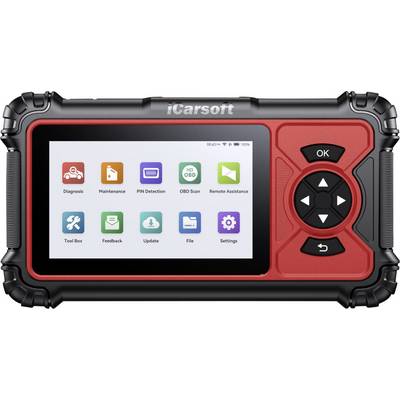 iCarsoft-Automobildiagnose-Scanner-Startbildschirm mit Symbolen für Diagnose, Wartung, PIN-Erkennung, OBD-Scan, Fernunterstützung, Werkzeugkasten, Feedback, Update, Datei und Einstellungen.